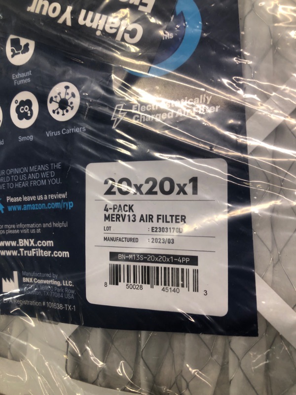 Photo 3 of BNX 20x20x1 MERV 13 Air Filter 4 Pack - MADE IN USA - Electrostatic Pleated Air Conditioner HVAC AC Furnace Filters - Removes Pollen, Mold, Bacteria, Smoke 20x20x1 4-Pack