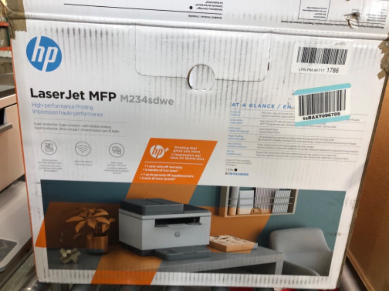 Photo 1 of HP LaserJet MFP M234sdwe Wireless Black and White All-in-One Printer with built-in Ethernet & fast 2-sided printing, HP+ and bonus 6 months Instant Ink (6GX01E)
