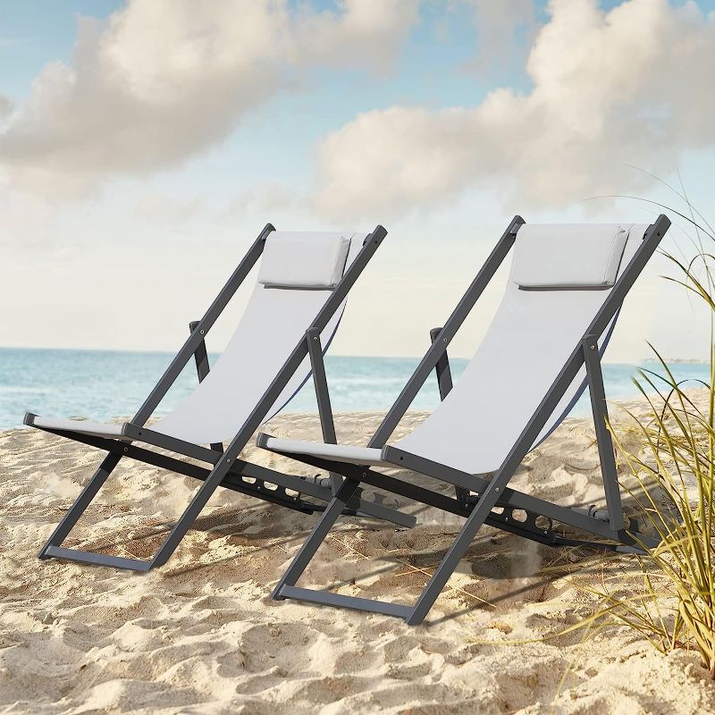 Photo 1 of 
Soleil Jardin Outdoor Folding Sling Chair Set of 2 Aluminum Portable Lounge Chair Reclining Beach Chair with Headrest for Deck Beach Pool Garden, Dark Grey...