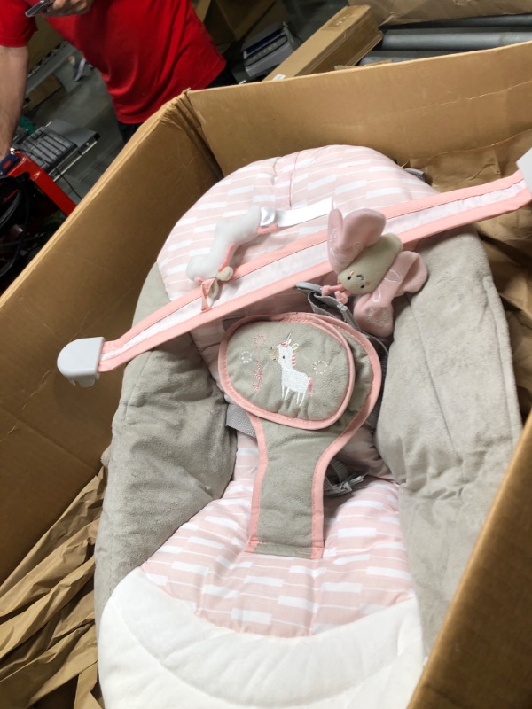 Photo 3 of Ingenuity Soothing Baby Bouncer Infant Seat with Vibrations, -Toy Bar & Sounds, 0-6 Months Up to 20 lbs (Pink Flora the Unicorn)
