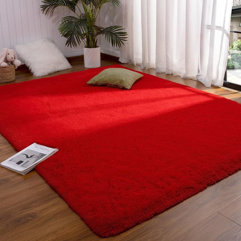 Photo 1 of  Red Rug 3x5 Feet - Fluffy Red Area Rugs for Bedroom Shaggy 3' X 5' Living Room Rug Soft Rugs for Kids Room Non-Slip Nursery Office Dorm Washable Carpets Home Decor
