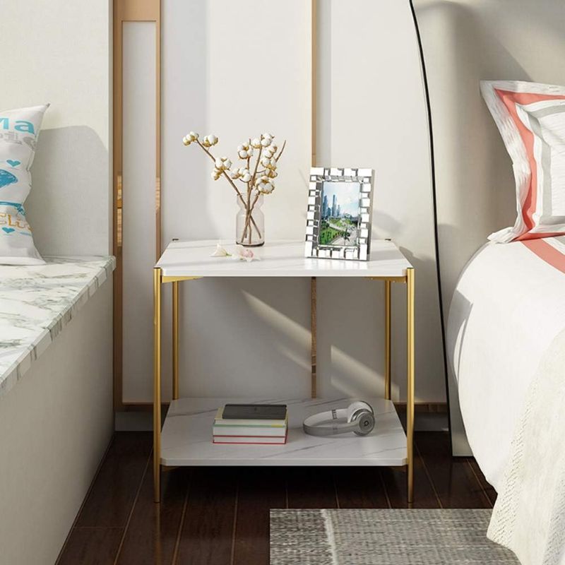 Photo 1 of 

IOTXY Home Square Coffee Table - 15.7" Small 2-Tier End Table with Open Storage Shelf, White Wooden Table Top Gold Metal Frame Side Table
