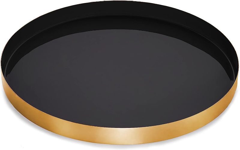 Photo 1 of Allegorie Round Decorative Enamel Gold Metal Tray | Stylish Vanity Organizer or Catchall Valet Display | Serving Tray for Coffee Table, Ottoman, Bar, Liquor or Cocktails 13 inches (Black & Gold)
