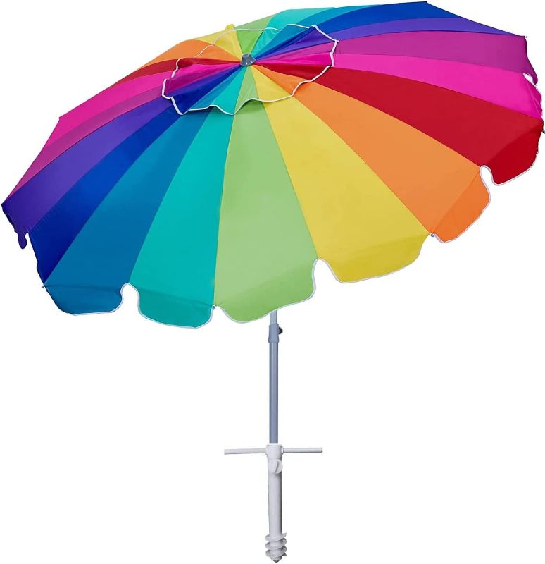 Photo 1 of AMMSUN 7.5 Foot Heavy Duty HIGH Wind Beach Umbrella with sand anchor & Tilt Sun Shelter, UV 50+ Protection Outdoor Sunshade Umbrella with Carry Bag for Patio Garden Beach Pool Backyard (Rainbow)
