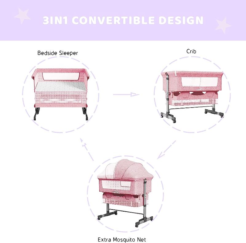 Photo 1 of Napfox Baby Bassinet, Bedside Sleeper,Foldable Baby Bed to Bed, Adjustable Portable Bed for Infant/Baby/Newborn,with Mosquito Nets, Large Storage Bag, Comfortable Mattresses, Lockable Wheels(Pink)
