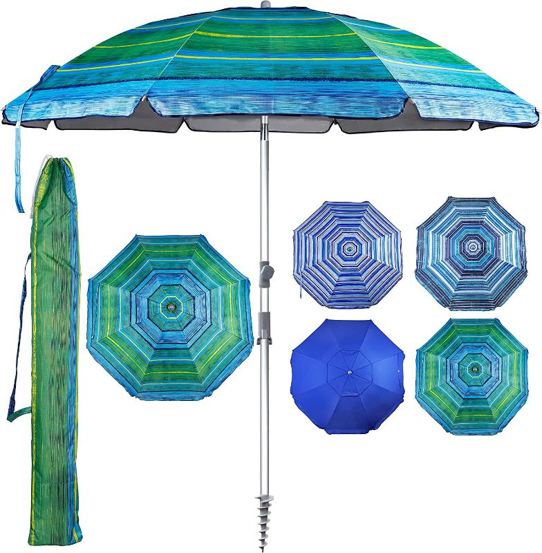 Photo 1 of 7.2' Beach Umbrella with Sand Anchor, Outdoor Portable Beach Umbrella for Sand with Tilt Pole, Carry Bag, Air Vent, Green Stripes
