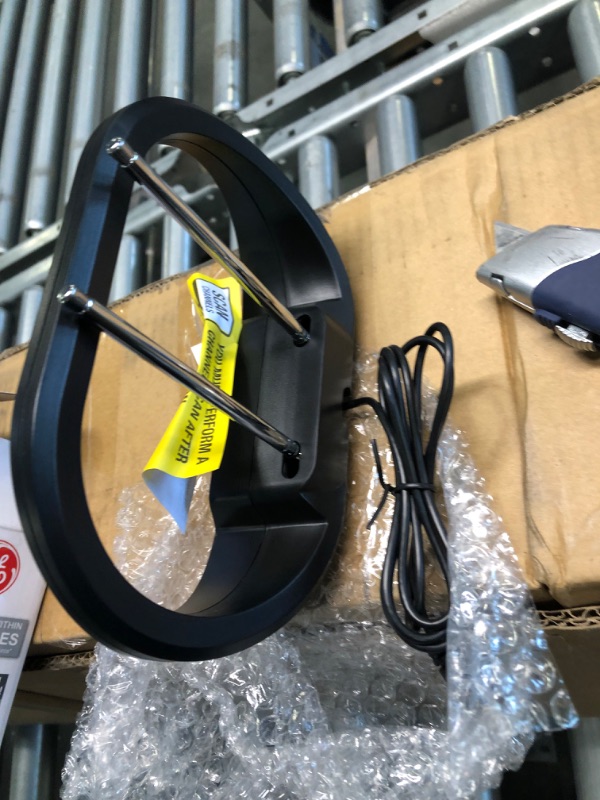 Photo 1 of GE Modern Loop Rabbit Ears Indoor TV Antenna, 15 inch Extendable Dipoles, 4K 1080P VHF UHF, Tabletop Antenna, Digital HDTV Antenna, Smart TV Compatible, 4ft Coaxial Cable, Black, 33675 Modern Loop Design