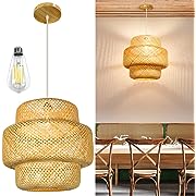 Photo 1 of 
Rattan Light Fixture Wicker Bamboo Pendant Lights with Dimmable Switch/LED Bulb 13.8ft Hemp Cord Woven Boho Lamp Shade Chandelier Hanging Basket for Kitchen Dining Room Study Bedroom Beige 14.17 inchRattan Light Fixture Wicker Bamboo Pendant Lights with 