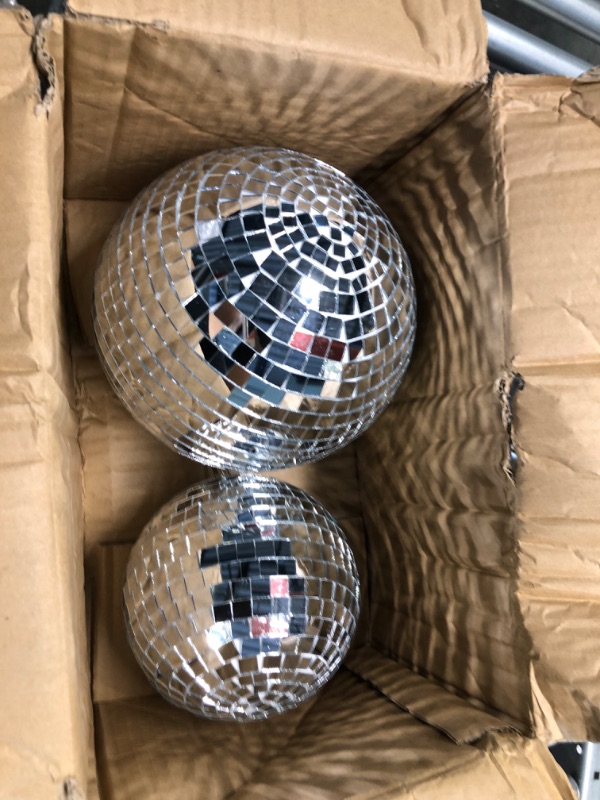 Photo 3 of 2 Pack Large Disco Ball Silver Hanging Mirror Disco Ball Reflective Mirror Disco Ball Ornament for Party Holiday Wedding Dance Music Festivals Decor Club Stage Props DJ Decoration (6 Inch, 8 Inch)