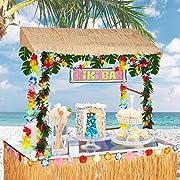 Photo 1 of 45 Pcs Tiki Bar Hut Sets Tropical Tabletop Hut Tiki Bar Roof Hawaiian Grass Table Skirt Decorative Hibiscus Garlands Tiki Bar Banner Tropical Palm Leaves for Pool Beach Hawaiian Party and Bar Decor