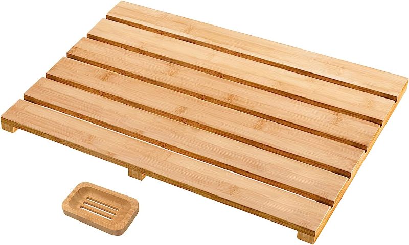 Photo 1 of Bamboo Bath Mat - Comes with Soap Dish - Mid-Large, Non Slip, Wood Bathmat for Bathroom and Sauna Floor