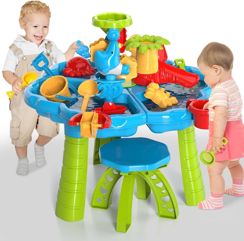 Photo 1 of Kids Sand Water Table Toys for Toddlers, 3 in 1 Sand and Water Play Table Beach Toy for Kids Boys Girls, Kids Table Activity Sensory Play Table Sand Water Toy for Outdoor Backyard for Toddlers Age 2-5