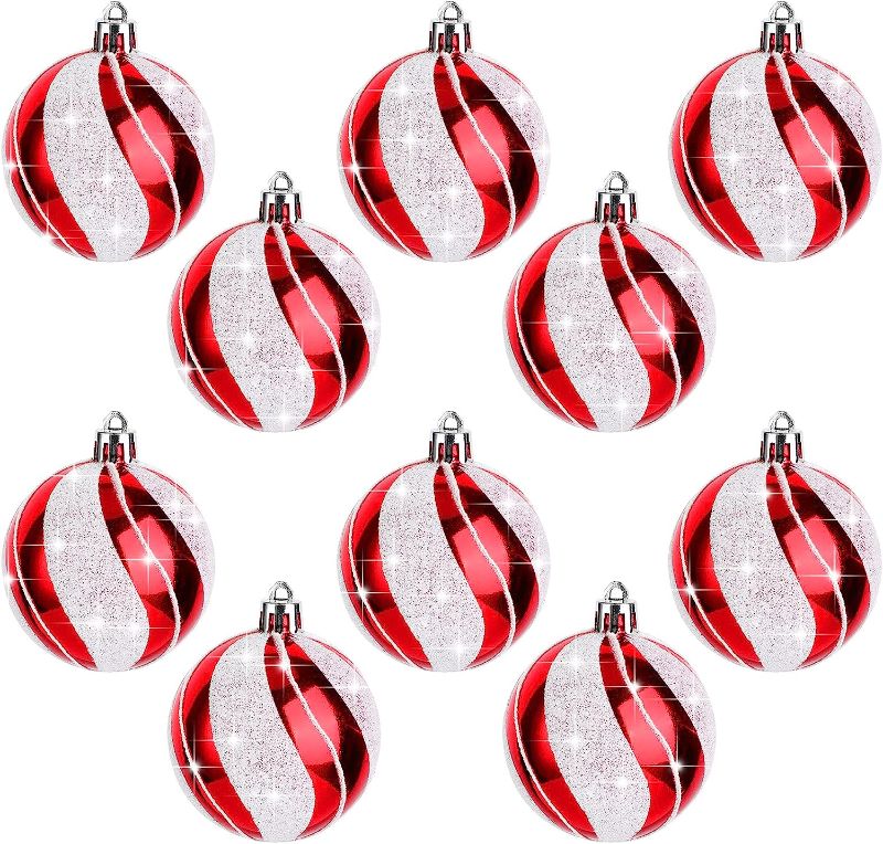 Photo 1 of 10 Pieces Christmas Ball Ornaments 2.4 Inch Glittering Christmas Tree Pendants Red and White Christmas Decorations Decorative Christmas Bulbs Ornaments Round Candy Decorations for Christmas Tree