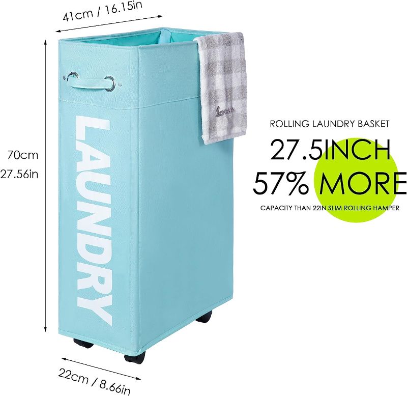 Photo 1 of  Rolling laundry basket with Removable Wash Bag on Wheels (4 Colors), Collapsible Slim Laundry Hamper,Foldable Corner Storage Bins (Light Blue)