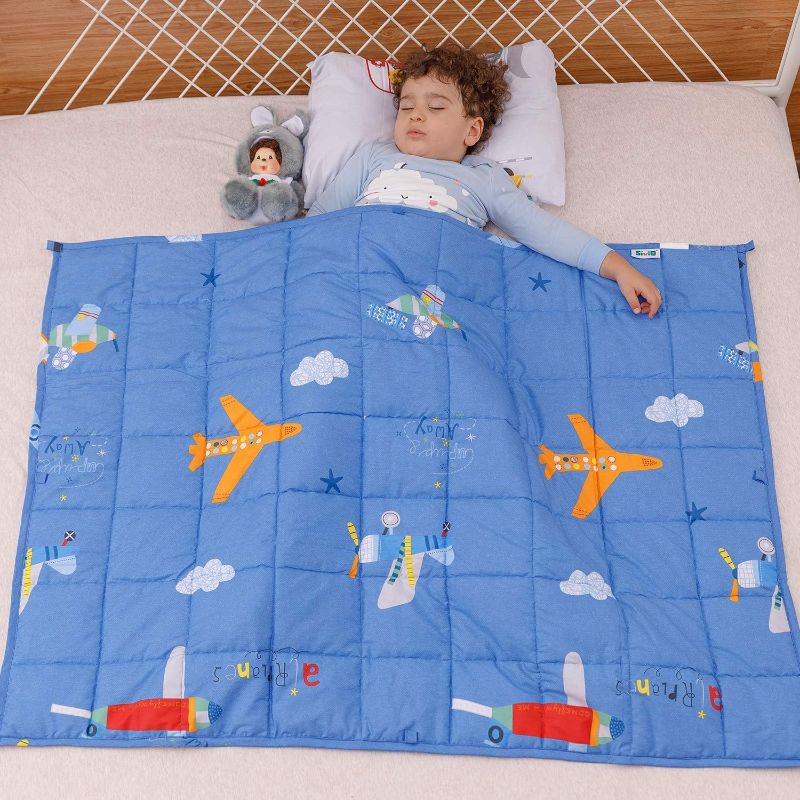 Photo 1 of Sivio Kids Weighted Blanket, 100% Natural Cotton Heavy Blanket for Children, Great for Kids Calming and Sleep, 7 lbs, 41 x 60 Inches, Blue Airplane 