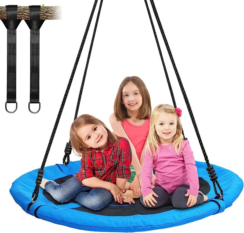 Photo 1 of Trekassy 700lb 40 Inch Saucer Tree Swing for Kids Adults 900D Oxford Waterproof with 2pcs Tree Hanging Straps, Steel Frame and Adjustable Ropes Blue