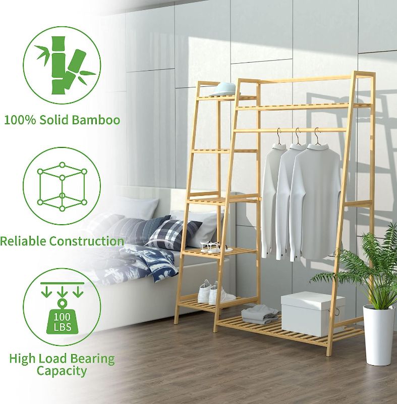 Photo 1 of 43.5" Bamboo Clothing Garment Rack Free Standing Clothes Coat Hanger Rolling Closet Organizer Shoe Rack Wardrobe Storage Hall Tree Entryway Living Bedroom Office Storage Shelves Clothes Hanging Rack
























































