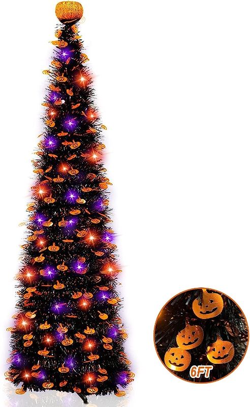 Photo 1 of 6 Ft 60 LED Tinsel Halloween Tree Decor with Orange & Purple Lights Timer Black Tinsel Christmas Tree Bats Battery Operated Pop Up Artificial Tree Indoor Outdoor Halloween Decorations Home Party