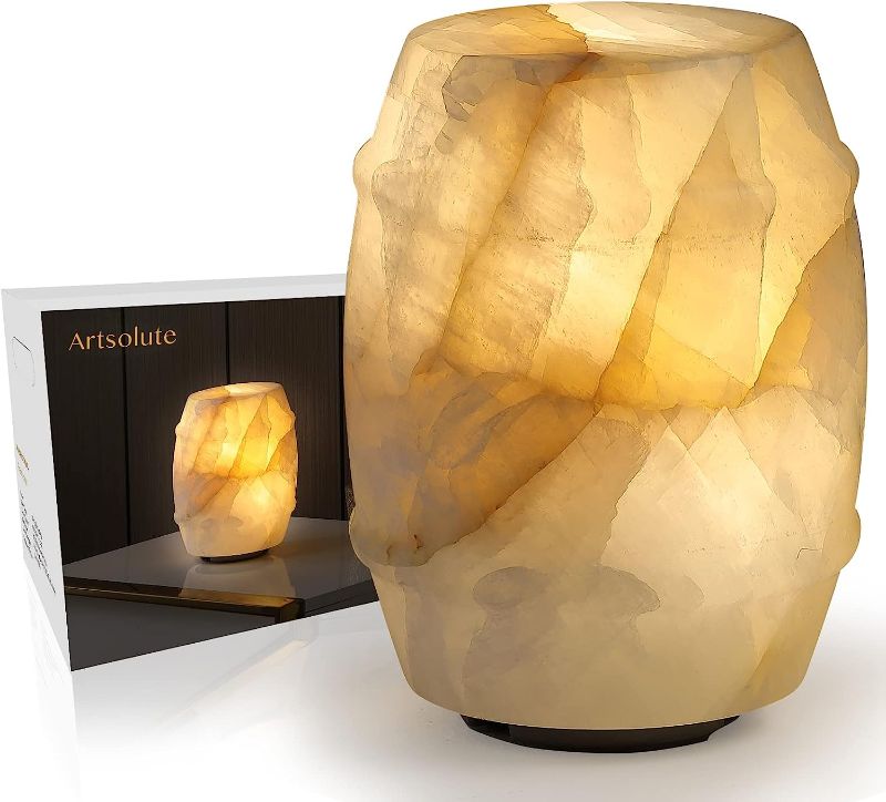 Photo 1 of Artsolute Handcrafted Solid Calcite Table Lamp, Stone Lamp with One-of-a-Kind Crystal Pattern, Tri-Color Dimmable Touch Control Bedside Lamp, Unique Lamp for Living Room Bedroom, Barrel Colors