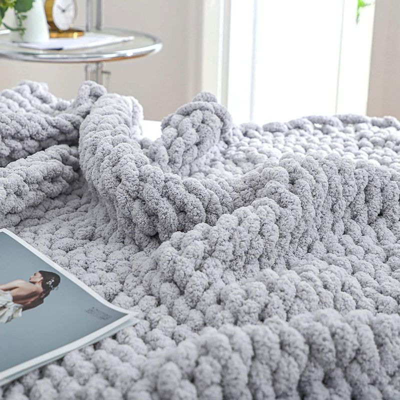 Photo 1 of Bigacogo Chunky Knit Blanket Throw 51"x63", 100% Hand Knitted Chenille Throw Blanket, Big Soft Thick Yarn Cable Knit Blanket, Large Rope Knot Crochet Throw Blankets for Couch Bed Sofa (Light Grey)