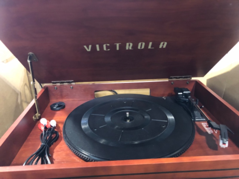 Photo 4 of Victrola Nostalgic 6-in-1 Bluetooth Record Player & Multimedia Center with Built-in Speakers - 3-Speed Turntable, CD & Cassette Player, FM Radio | Wireless Music Streaming | Mahogany Mahogany Entertainment Center