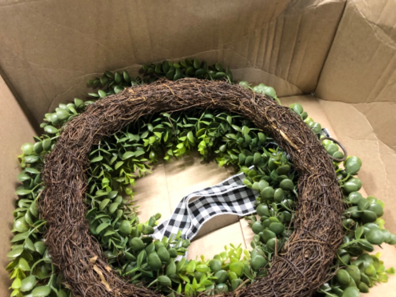 Photo 4 of 20" Faux Round Boxwood Wreath, Vlorart Artificial Boxwood Wreath Front Door Wreaths Artificial Spring Summer Greenery Hanging with A Plaid Bow for Front Door Wall Hanging Window Wedding Party Decor