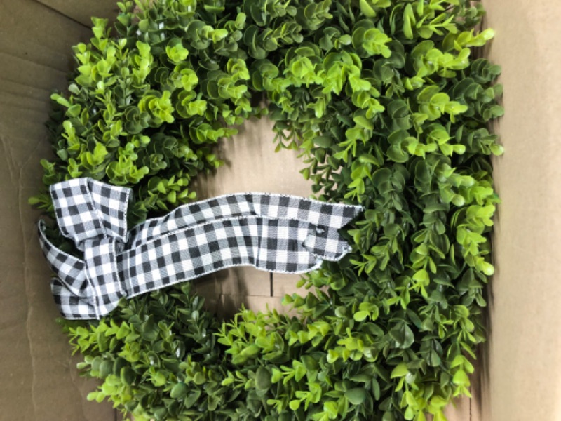 Photo 3 of 20" Faux Round Boxwood Wreath, Vlorart Artificial Boxwood Wreath Front Door Wreaths Artificial Spring Summer Greenery Hanging with A Plaid Bow for Front Door Wall Hanging Window Wedding Party Decor