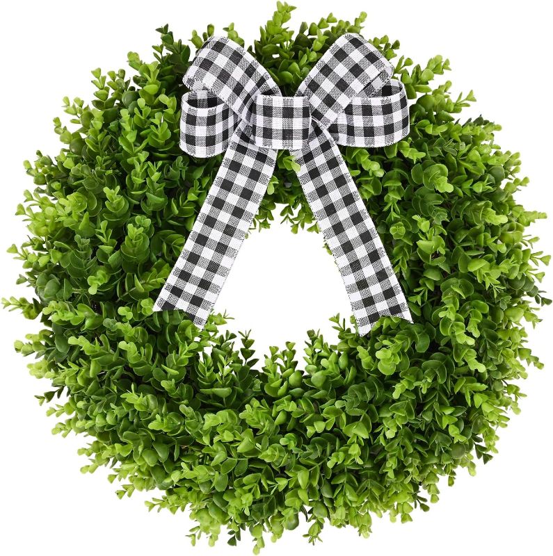 Photo 1 of 20" Faux Round Boxwood Wreath, Vlorart Artificial Boxwood Wreath Front Door Wreaths Artificial Spring Summer Greenery Hanging with A Plaid Bow for Front Door Wall Hanging Window Wedding Party Decor