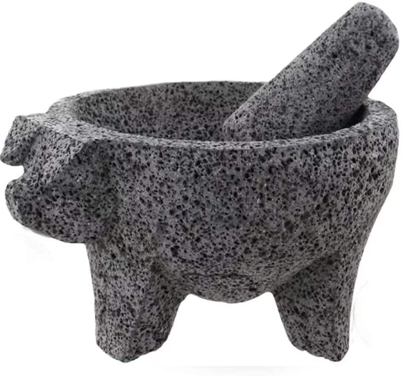 Photo 1 of YOPIDO MX Molcajete 9 inch with Pig Design; Spice Mortar; Made with Volcanic Stone; Molcajete Handmade in México; Guacamole and Salsa Maker; Includes Pestle Stone (MINOR DAMAGE)