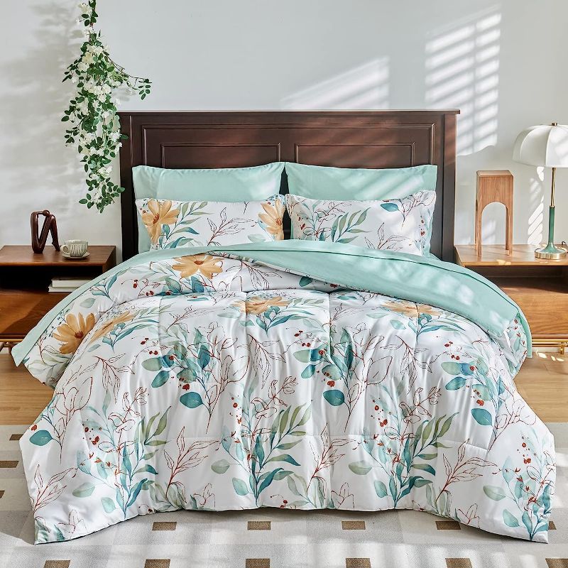 Photo 1 of White Comforter Sheet Set with Green Leaves Botanical Bed in a Bag 7 Pieces King Size Microfiber Summer Bedding Set (1 Comforter 2 Pillow Shams 1 Flat Sheet 1 Fitted Sheet 2 Pillowcases)