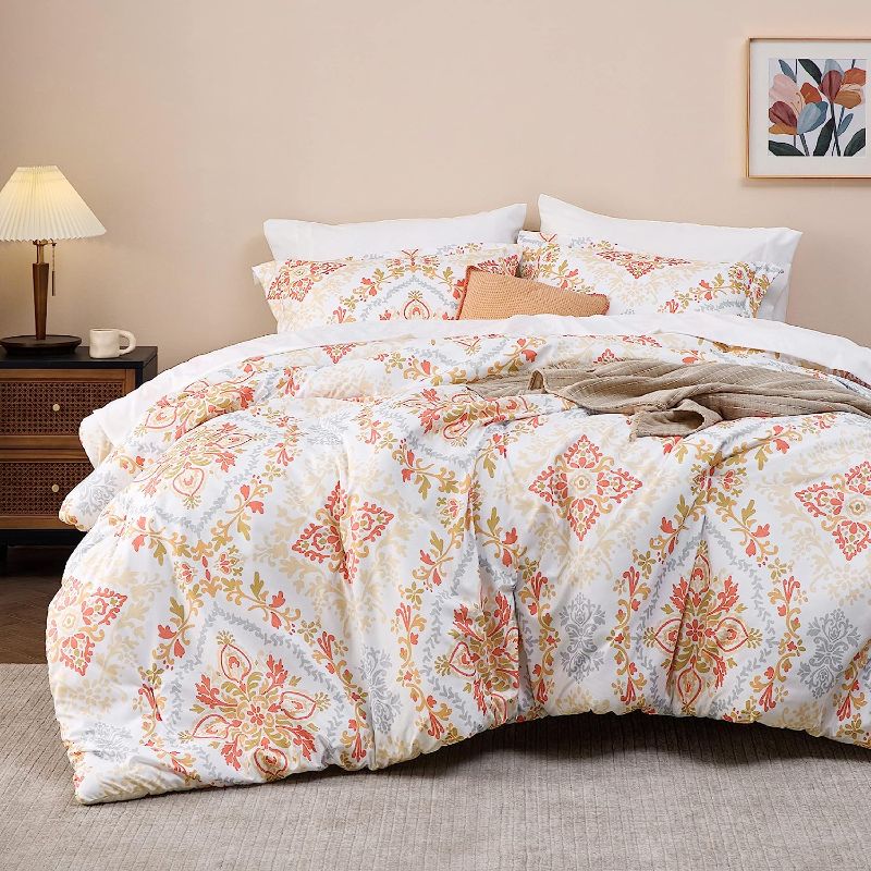 Photo 1 of Bedsure King Comforter Set - 7 Pieces Boho Bedding Sets King Bed in A Bag Farmhouse with Comforters King Size, Sheets, Pillowcases & Shams, Coral Bed Sets