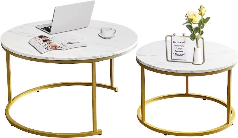 Photo 1 of AT-VALY Coffee Table Set of 2 Nesting Tables,Round Sofa Table for Living Room, (D) 31.4" x(H) 18.5", (D) 23.6" x(H) 15.3" (Gold & White)