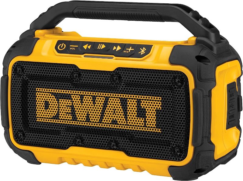 Photo 1 of DEWALT 20V MAX Bluetooth Speaker, 100 ft Range, Durable for Jobsites, Phone Holder Included, Lasts 8-10 Hours with Single Charge (DCR010), Yellow/Black