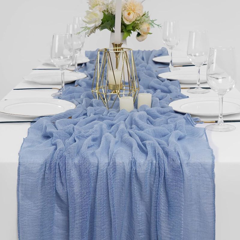 Photo 1 of 4 PCS Dusty Blue Cheesecloth Table Runner Bulk 10Ft Boho Gauze Cheese Table Cloth Rustic Table Runner Sheer Runner for Wedding Reception Bridal Baby Shower Birthday Party Cake Table Decorations