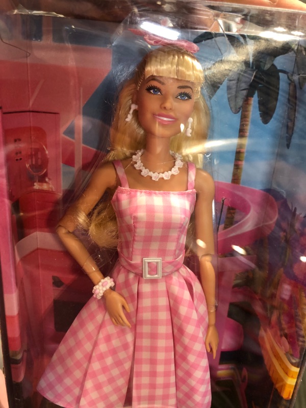 Photo 3 of Barbie The Movie Doll, Margot Robbie as Barbie, Collectible Doll Wearing Pink and White Gingham Dress with Daisy Chain Necklace