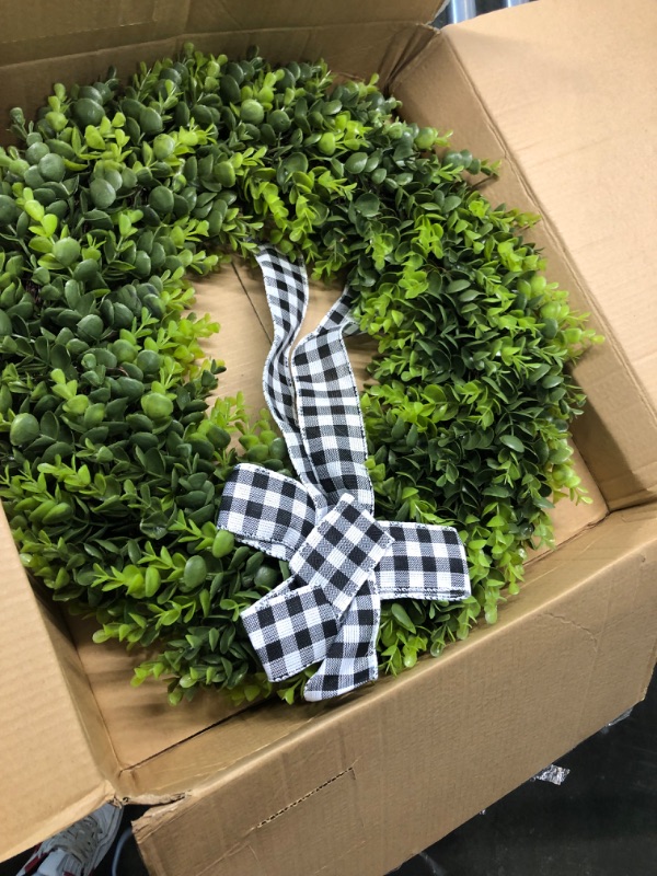 Photo 3 of 23" Faux Round Boxwood Wreath, Vlorart Artificial Boxwood Wreath Front Door Wreaths Artificial Spring Summer Greenery Hanging with A Plaid Bow for Front Door Wall Hanging Window Wedding Party Decor 23inch