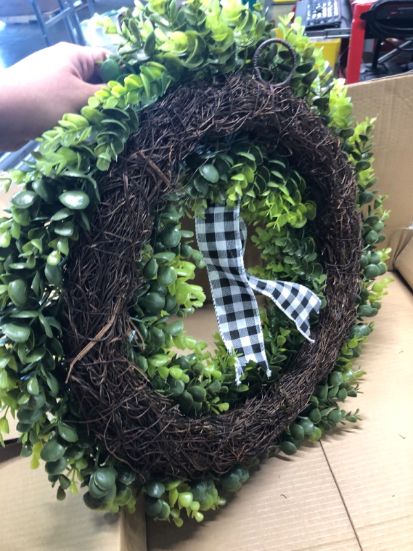 Photo 4 of 23" Faux Round Boxwood Wreath, Vlorart Artificial Boxwood Wreath Front Door Wreaths Artificial Spring Summer Greenery Hanging with A Plaid Bow for Front Door Wall Hanging Window Wedding Party Decor 23inch