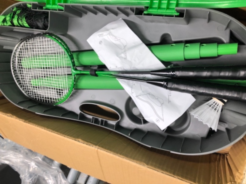 Photo 4 of FBSPORT Portable Badminton Net Set with Storage Base, Folding Volleyball Badminton Net with 2 Badminton Rackets 2 Shuttlecocks Griptape 10x5 ft Net, Easy Setup for Beach Backyard Combo Set Green
