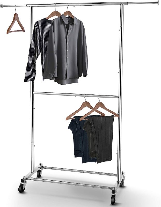 Photo 1 of 
Simple Trending Double Rod Clothing Garment Rack, Rolling Clothes Organizer on Wheels for Hanging Clothes, Chrome