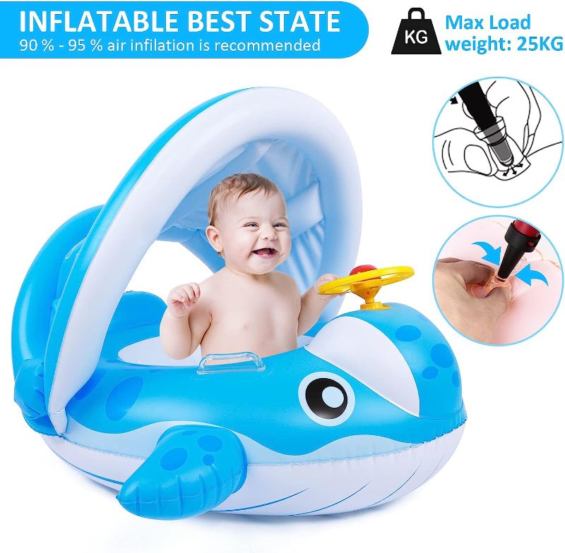 Photo 1 of Peradix Baby Swimming Pool Float Boat, Inflatable Baby Swimming Ring with Removable Sun Protection Canopy, Whale Toddler Floaties Water Toys for Infant