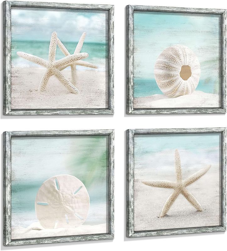 Photo 1 of Beach Framed Wooden Wall Art: Coastal Artwork Set of 4 Starfish Seashell & Sand Dollar Pictures Ocean Prints for Home Decor White Starfish & Shells 16" x 16"