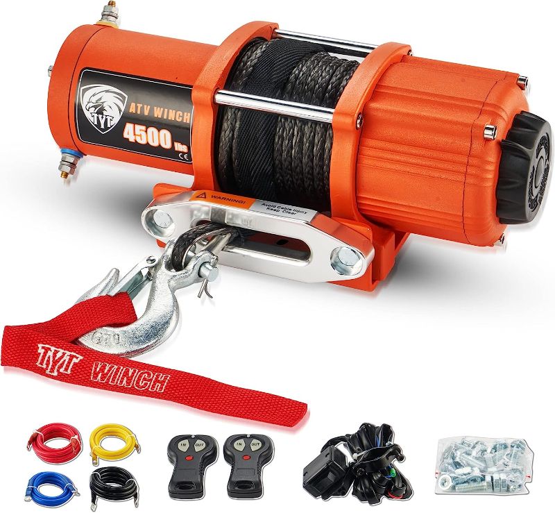 Photo 1 of 4500 lbs Electric Winch ATV/UTV Off Road Winch Kits with Hawse Fairlead, Waterproof Synthetic Rope Winch with 2 Wireless Remotes and Mounting Bracket