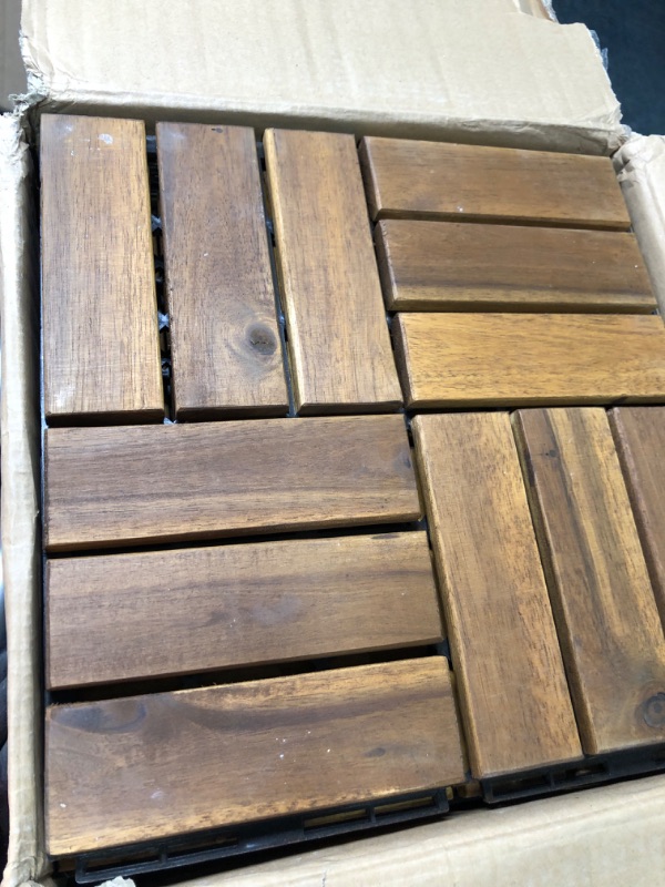 Photo 3 of Acacia Hardwood Interlocking Deck Tiles - Oak Grid - 12 inchx12 inch 9pcs - Floor Tiles for Patio and Deck Use Natural Wood Outdoor Decking and Flooring, Rain and Weather Resistant, Heavy Duty 12"x12" 9pcs Oak Grid