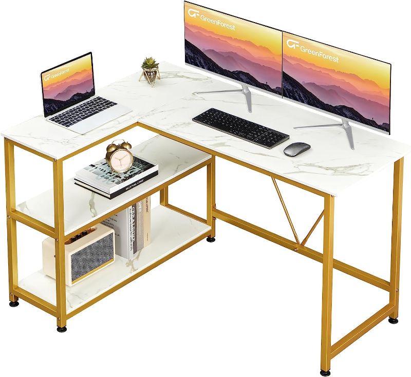 Photo 1 of WHITE & GOLD GreenForest L Shaped Desk 51x35.4 inch Reversible Corner Computer Gaming Desk with Storage Shelves for Home Office PC Workstation Laptop Table,