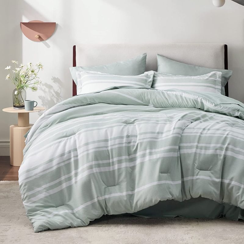 Photo 1 of Bedsure Bed in a Bag Queen Size 7 Pieces, Sage Green White Striped Bedding Comforter Sets All Season Bed Set, 2 Pillow Shams, Flat Sheet, Fitted Sheet and 2 Pillowcases