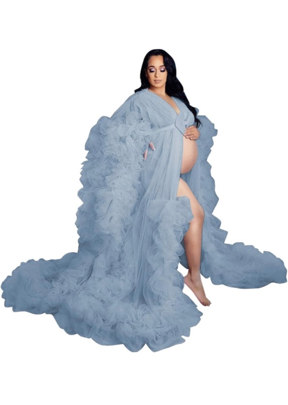 Photo 1 of ZHCHUI Women's Tulle Robe for Maternity Photoshoot Sheer Bridal Dressing Gown Sexy Puffy Pregnancy Dress Bathrobe Nightgown