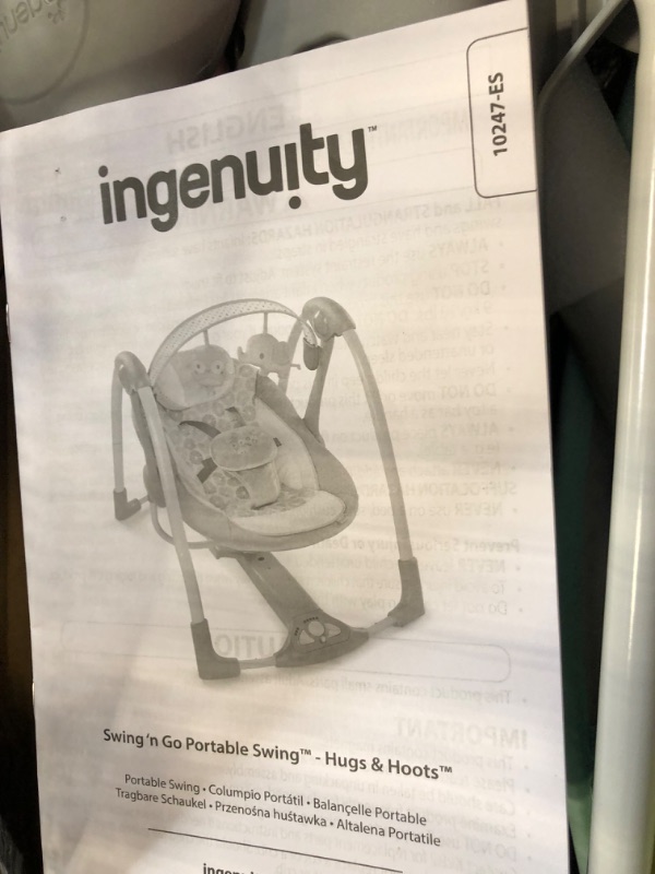 Photo 3 of Ingenuity 5-Speed Portable Baby Swing with Music, Nature Sounds & Battery-Saving Technology - Hugs & Hoots, Swing 'n Go, 0-9 Months Hugs and Hoots