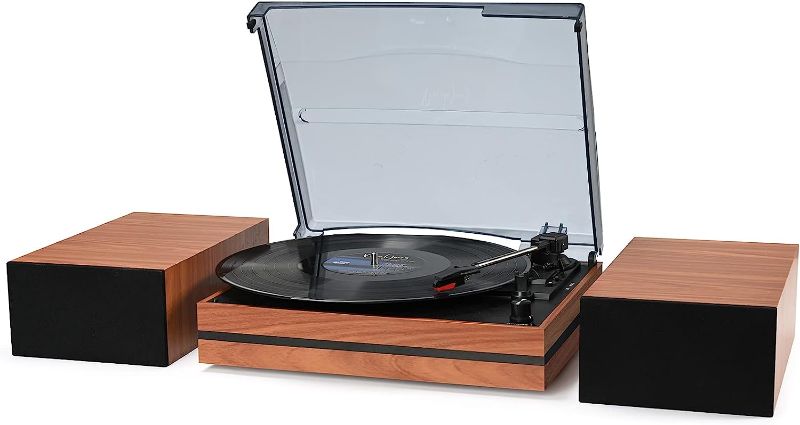 Photo 1 of Record Player for Vinyl with External Speakers, Belt-Drive Turntable with Dual Stereo Speakers Vintage Vinyl LP Player Support 3 Speed Wireless AUX Headphone Input Auto Stop for Music Lover Walnut Red
