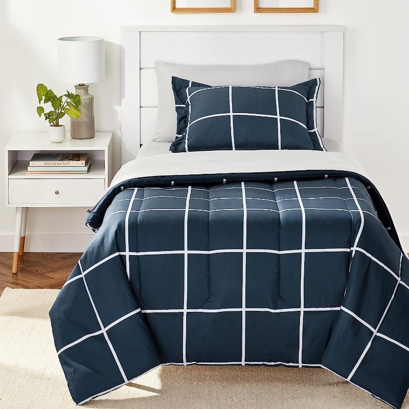 Photo 1 of Amazon Basics Lightweight Microfiber 5 Piece Bed-in-a-Bag Comforter Bedding Set, Twin/Twin XL, Navy with Simple Plaid**LOOOKS BRAND NEW***