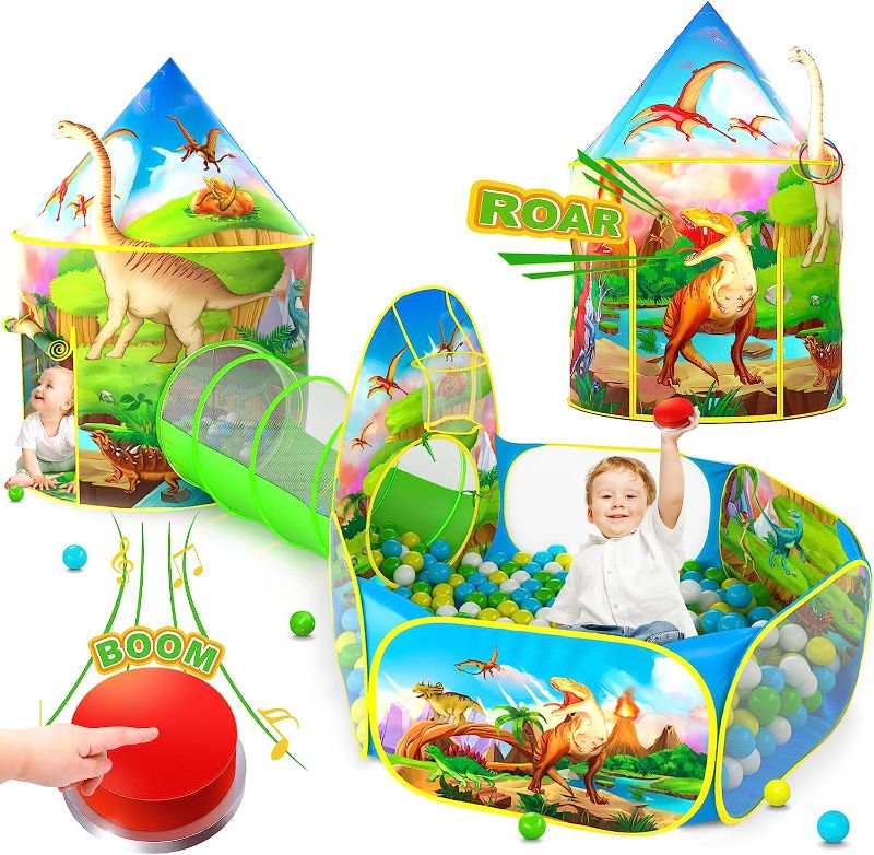 Photo 1 of PigPigPen 3pc Dinosaur Play Tent for Kids with Big Roar Button, Baby Ball Pit, Crawl Tunnel, Castle Tents for Toddlers, Children Indoor & Outdoor Playhouse Toys, Perfect Kid’s Gifts